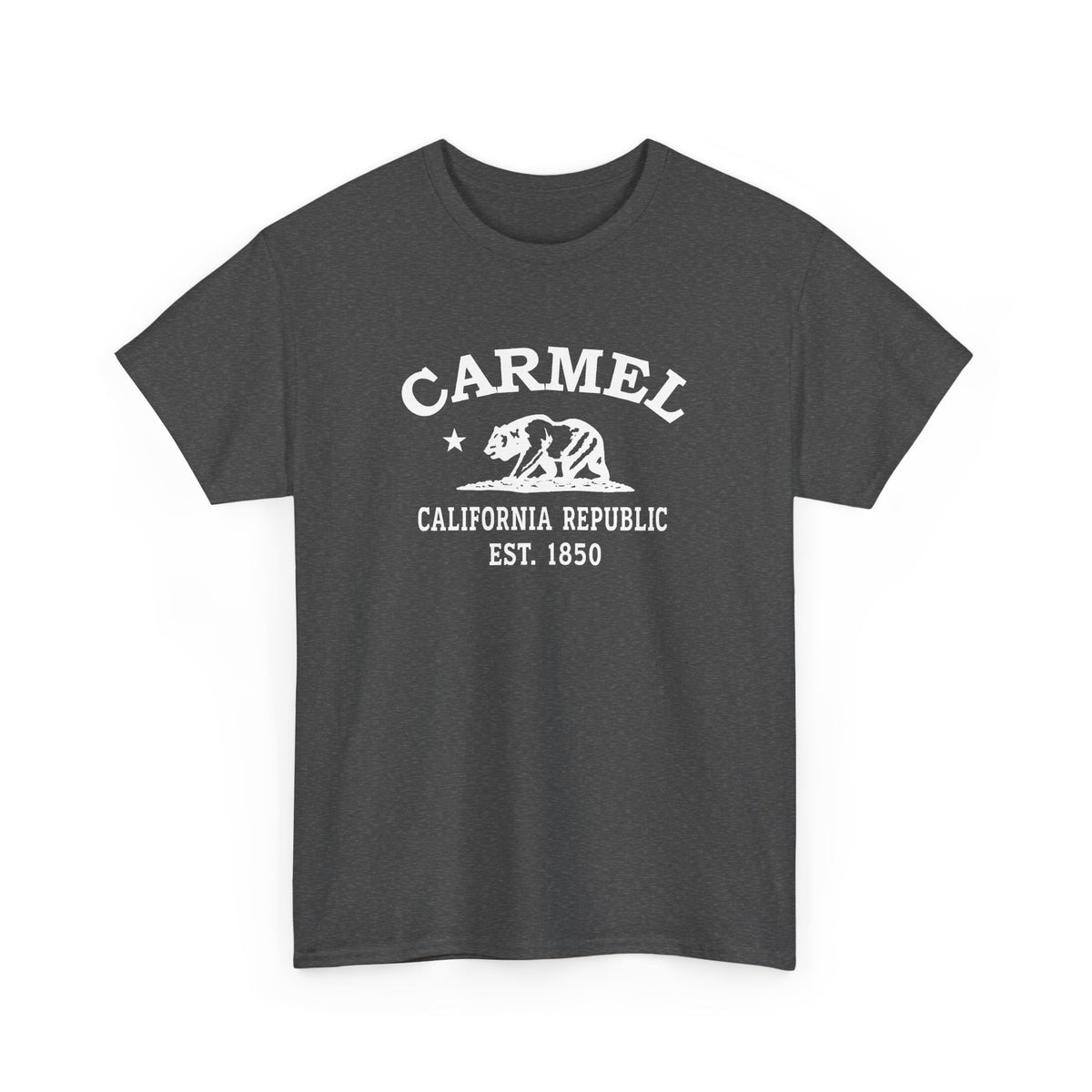 Carmel California retro tee — classic white Carmel, California bear-and-star logo on Gildan heavy cotton — Antique Cherry Red