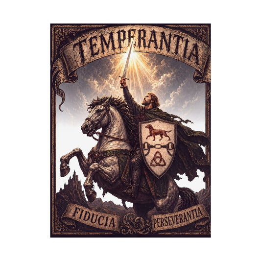 №108 Knight on Horseback Heraldic Poster — Blue Sky · Live Your Best Knight · Temperantia Fiducia Perseverantia