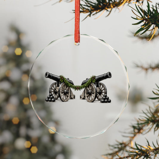 Stonington, Connecticut Holiday Ornament — Two Guns That Turned Back the Royal Navy — 3-inch faceted crystal glass ornament in white gift box