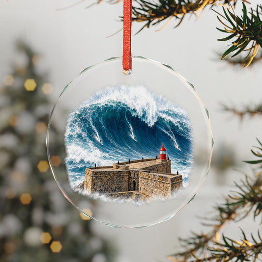 Nazaré Portugal Crystal Holiday Ornament on a Lit Tree, Giant Wave with Surfers and the Red Lighthouse