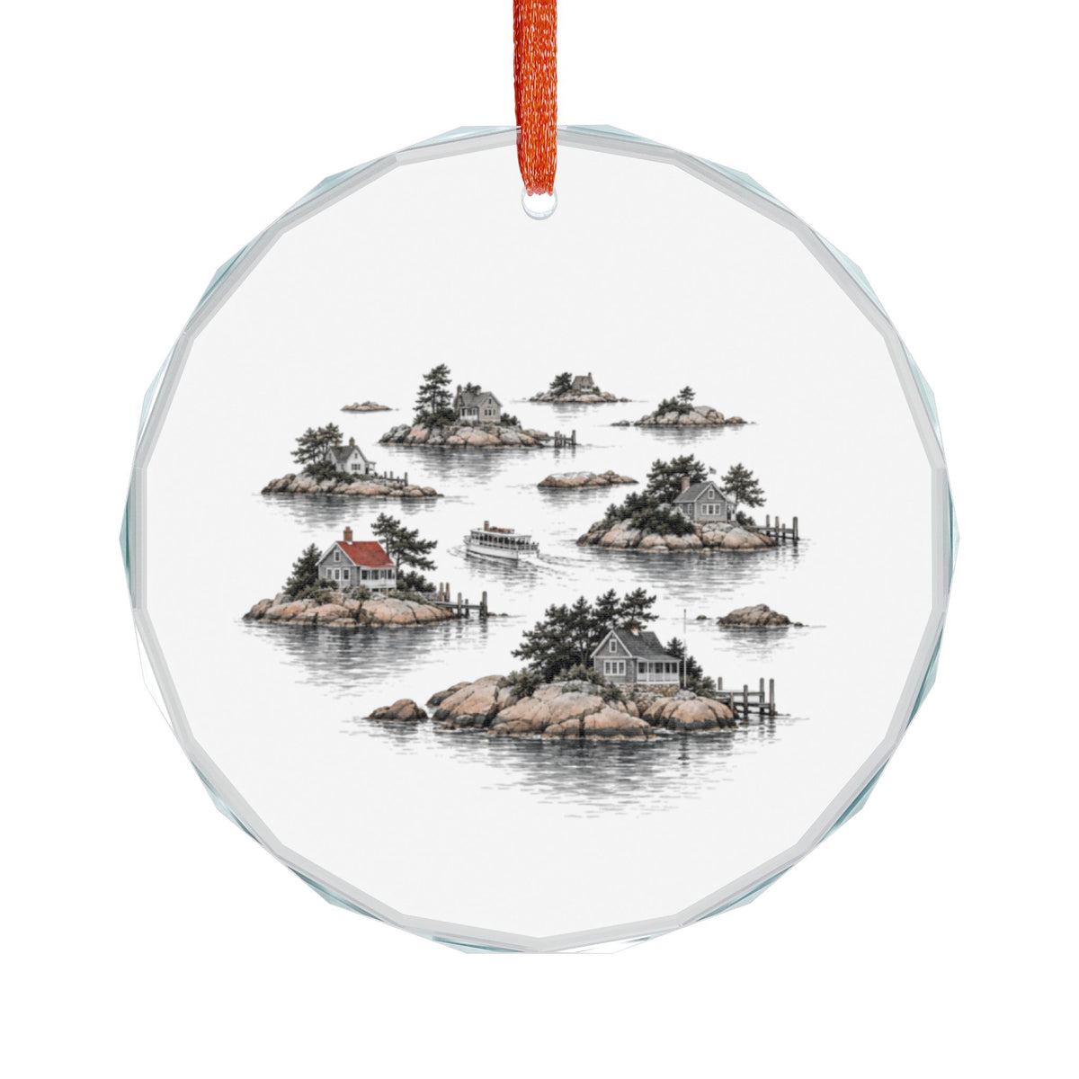 Branford, Connecticut Holiday Ornament — A Cottage on Every Rock — front view: an aerial-leaning scene of scattered pink-granite islets in calm water, several crowned by a single shingled cottage and a private dock, pines clustered on the rock