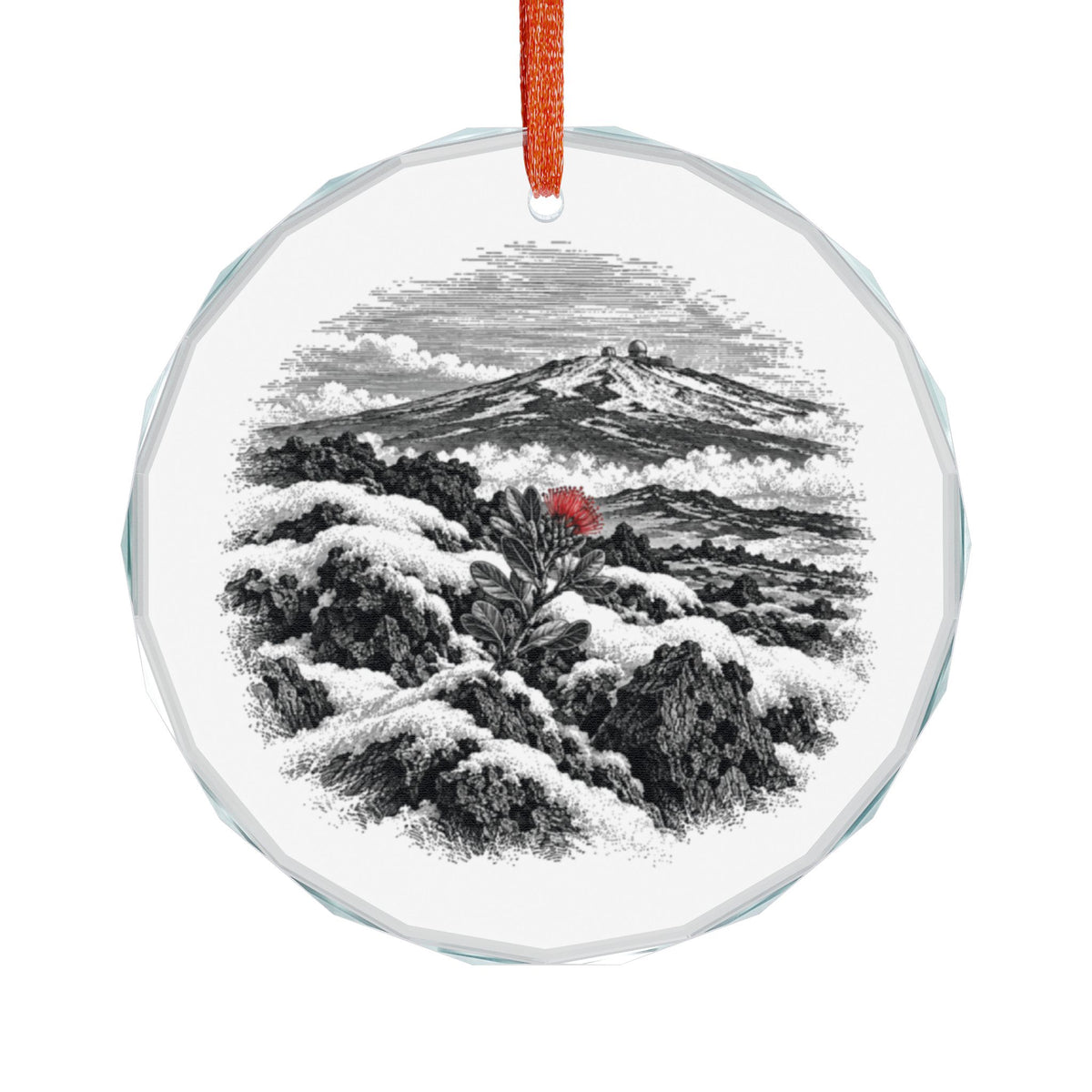 Big Island Hawaii Holiday Ornament, Snow on Black Lava, Crystal Glass Ornament Hanging on White