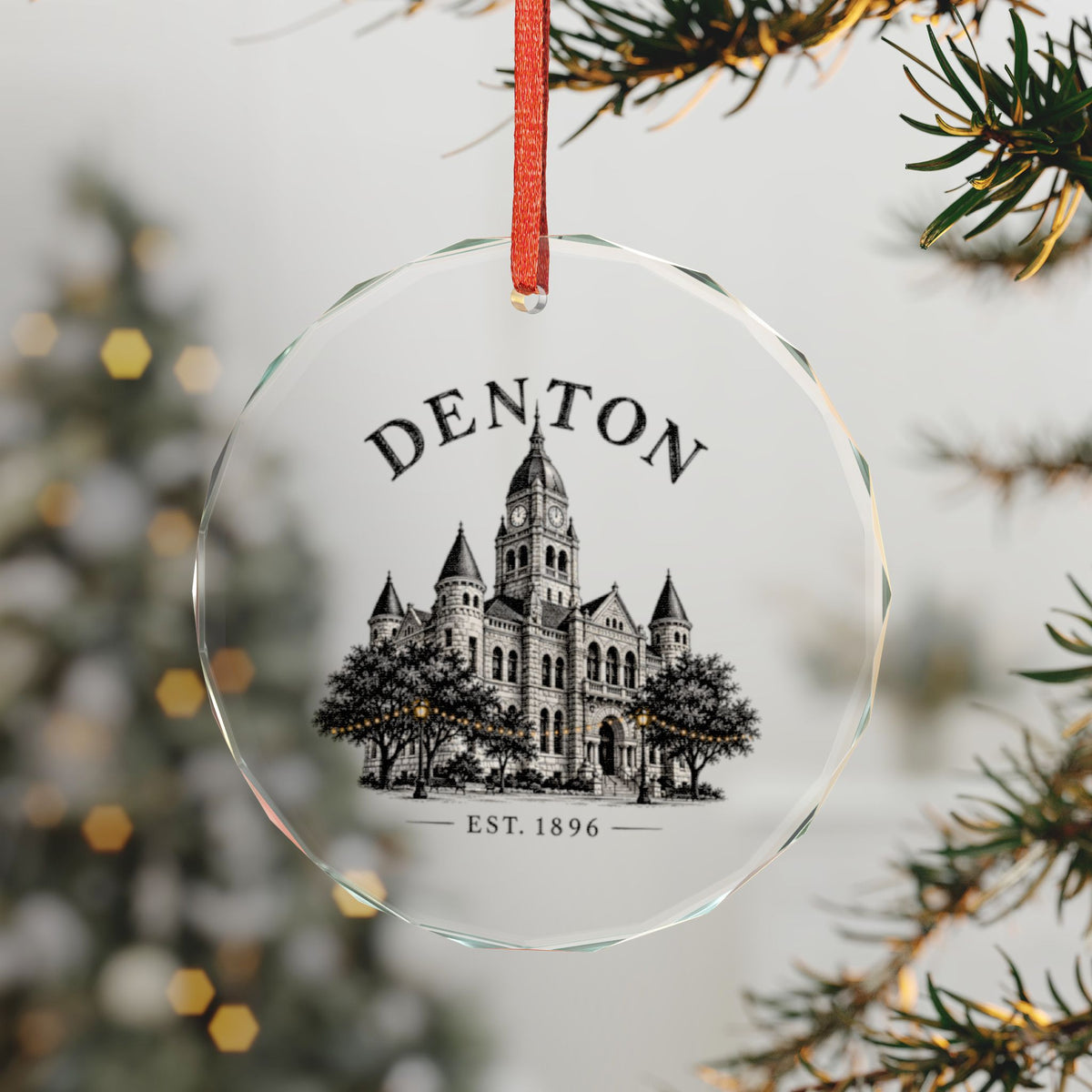 Denton, Texas Holiday Ornament — The Clock Tower That Held the Square — 3-inch faceted crystal glass ornament in gold gift box