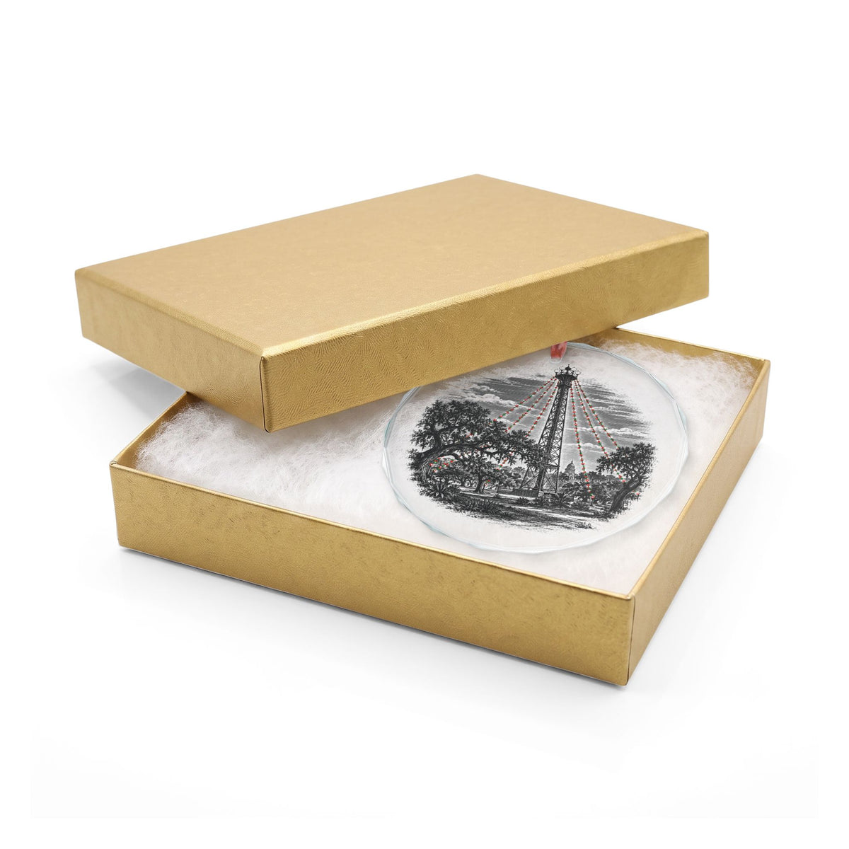 Austin Texas Holiday Ornament, Moonlight Tower, Crystal Glass Ornament in Gold Gift Box