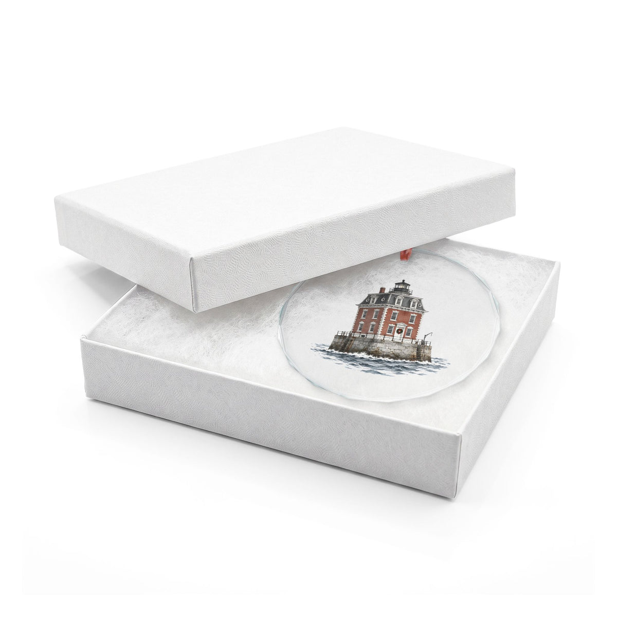 New London, Connecticut Holiday Ornament — The Brick Mansion Standing in the Water — close-up detail of the printed art on crystal glass