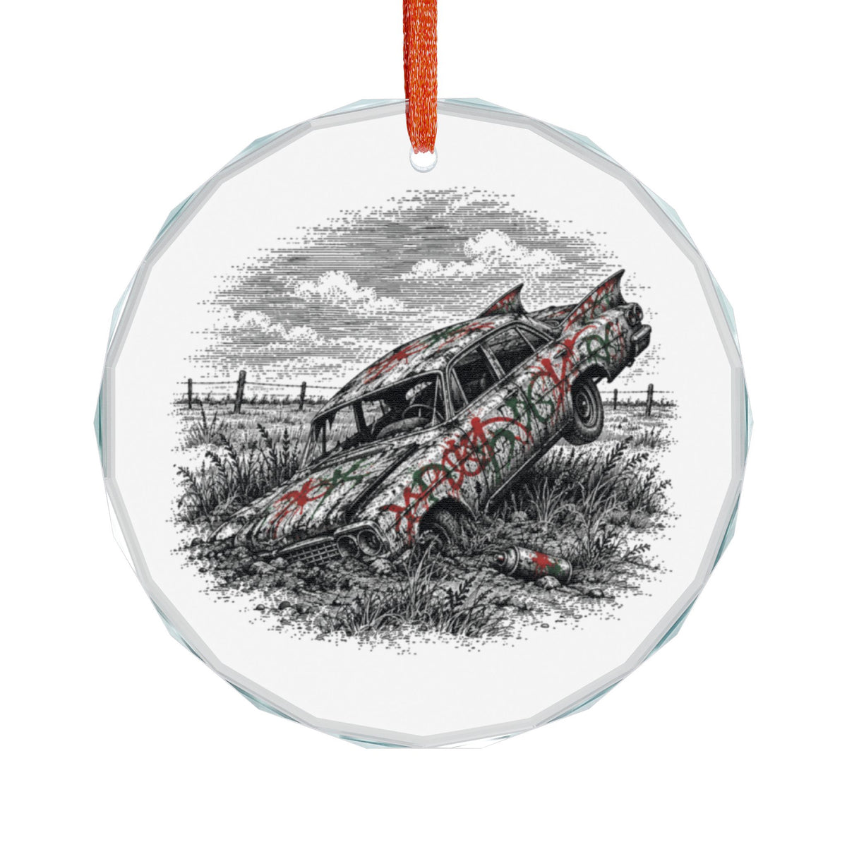 Amarillo Texas Holiday Ornament, Painted Car in the Dirt, Crystal Glass Ornament Hanging on White