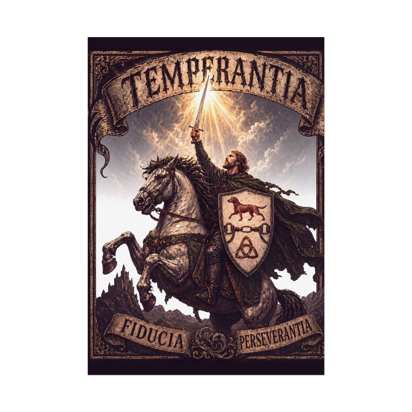 №108 Knight on Horseback Heraldic Poster — Blue Sky · Live Your Best Knight · Temperantia Fiducia Perseverantia