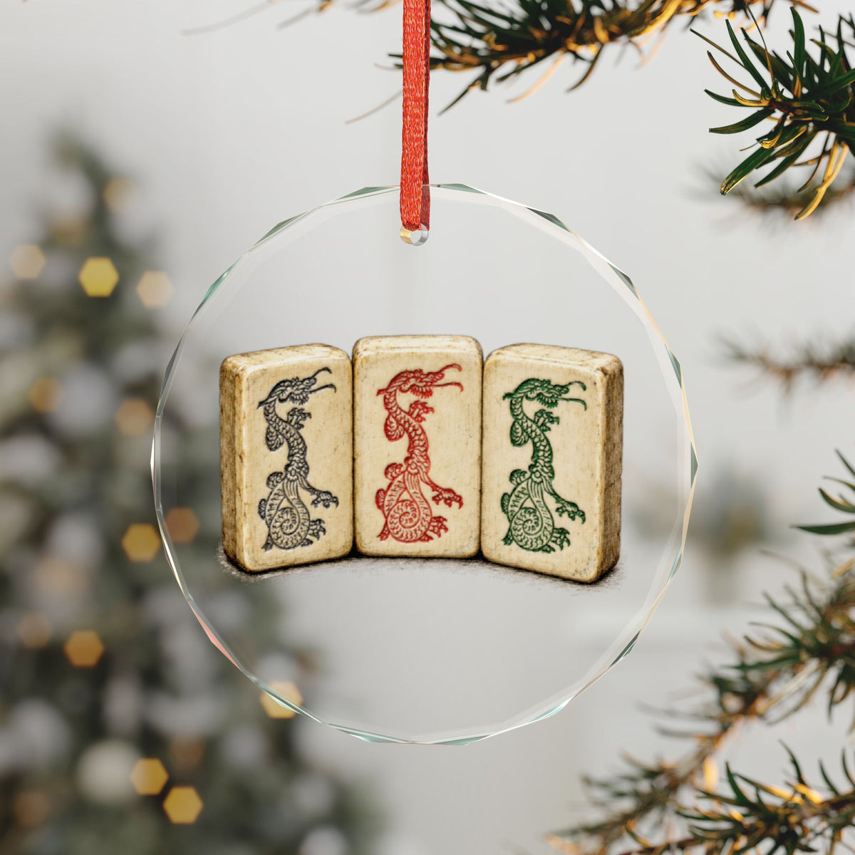 Boca Raton Mah Jongg Crystal Christmas Ornament in Gold Gift Box, Three Carved Dragon Tiles on Aged Bone