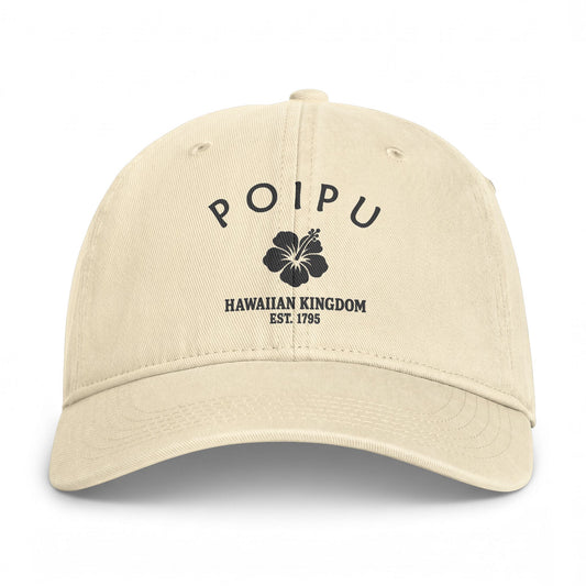 Poipu Hawaii Retro Vintage Washed Cap in Ivory, Charcoal Printed Town Logo