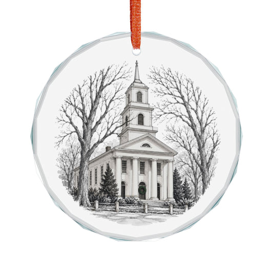 Old Lyme Connecticut Crystal Christmas Ornament Hanging on White, First Congregational Church in Winter