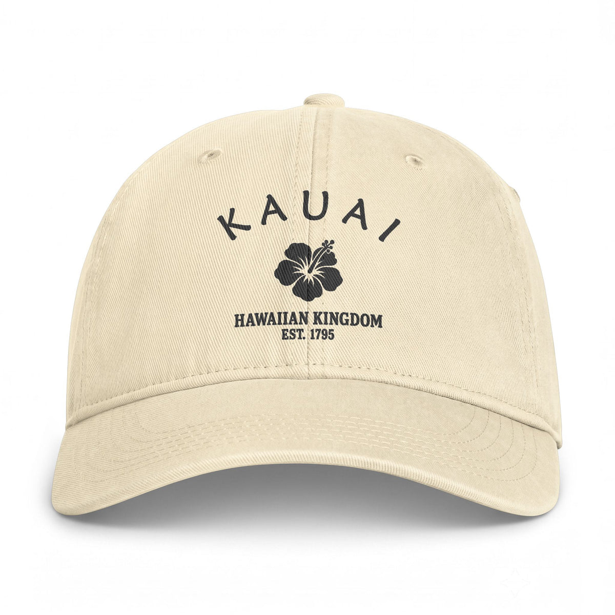 Kauai Hawaii Retro Vintage Washed Cap in Ivory, Charcoal Printed Town Logo