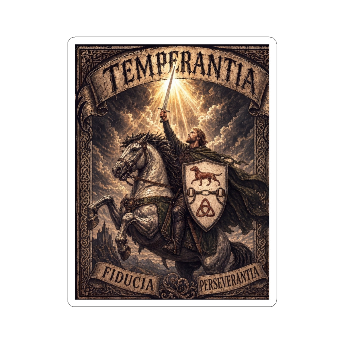 №108 Knight on Horseback Vinyl Sticker · Live Your Best Knight · Temperantia Fiducia Perseverantia
