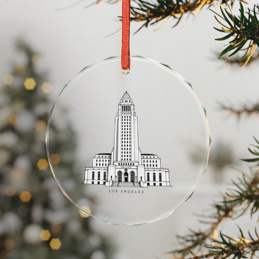Los Angeles, California Holiday Ornament — The Tower Nothing Was Allowed to Pass — 3-inch faceted crystal glass ornament in white gift box