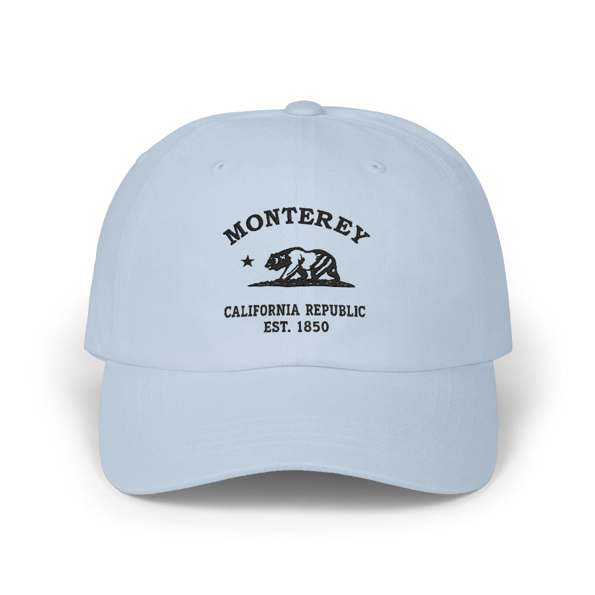 Monterey California Vintage Retro Embroidered Cotton Cap, Light Blue, Black Logo