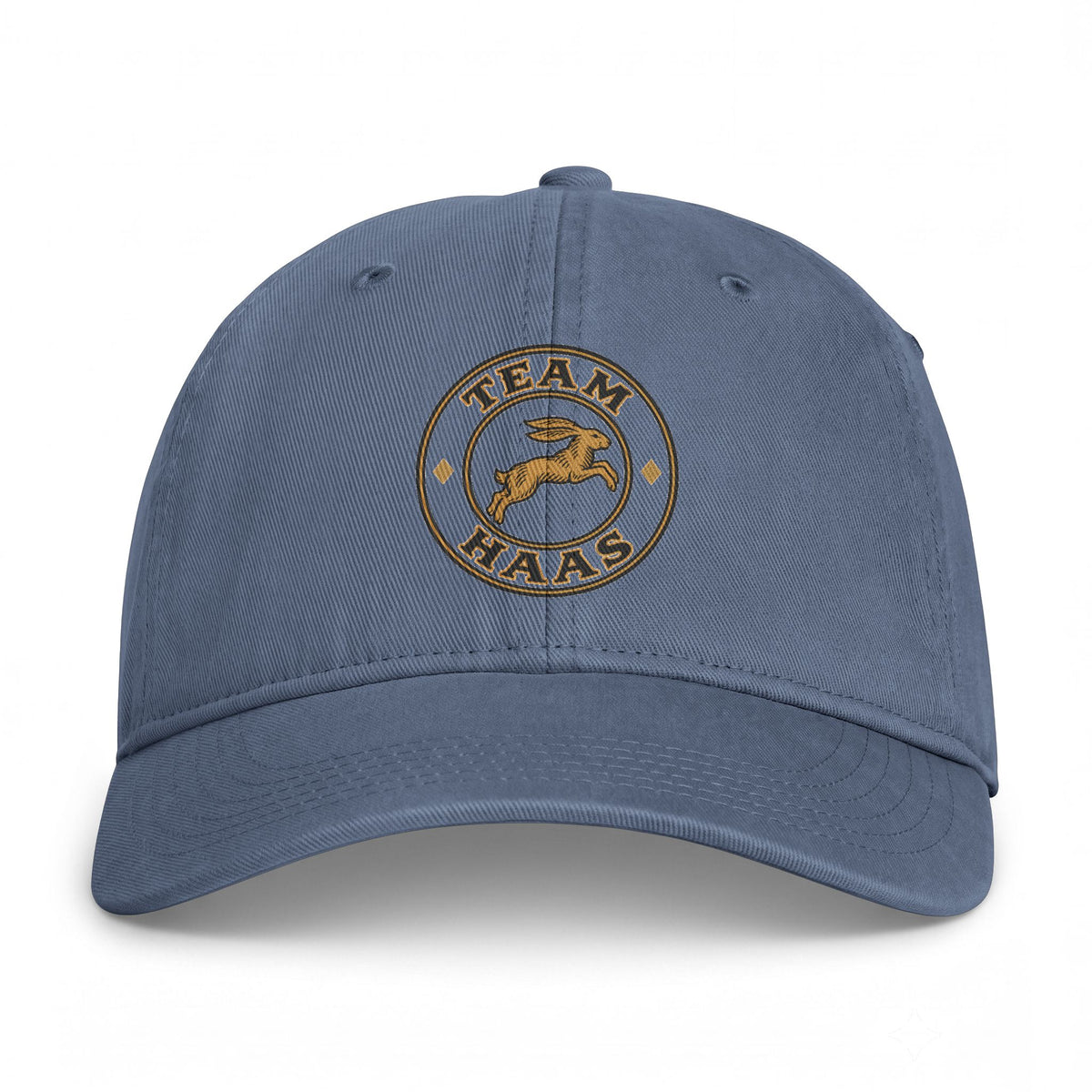 Blue Jean Team Haas Hat, Leaping Hare Badge Printed on Washed Cotton Dad Cap