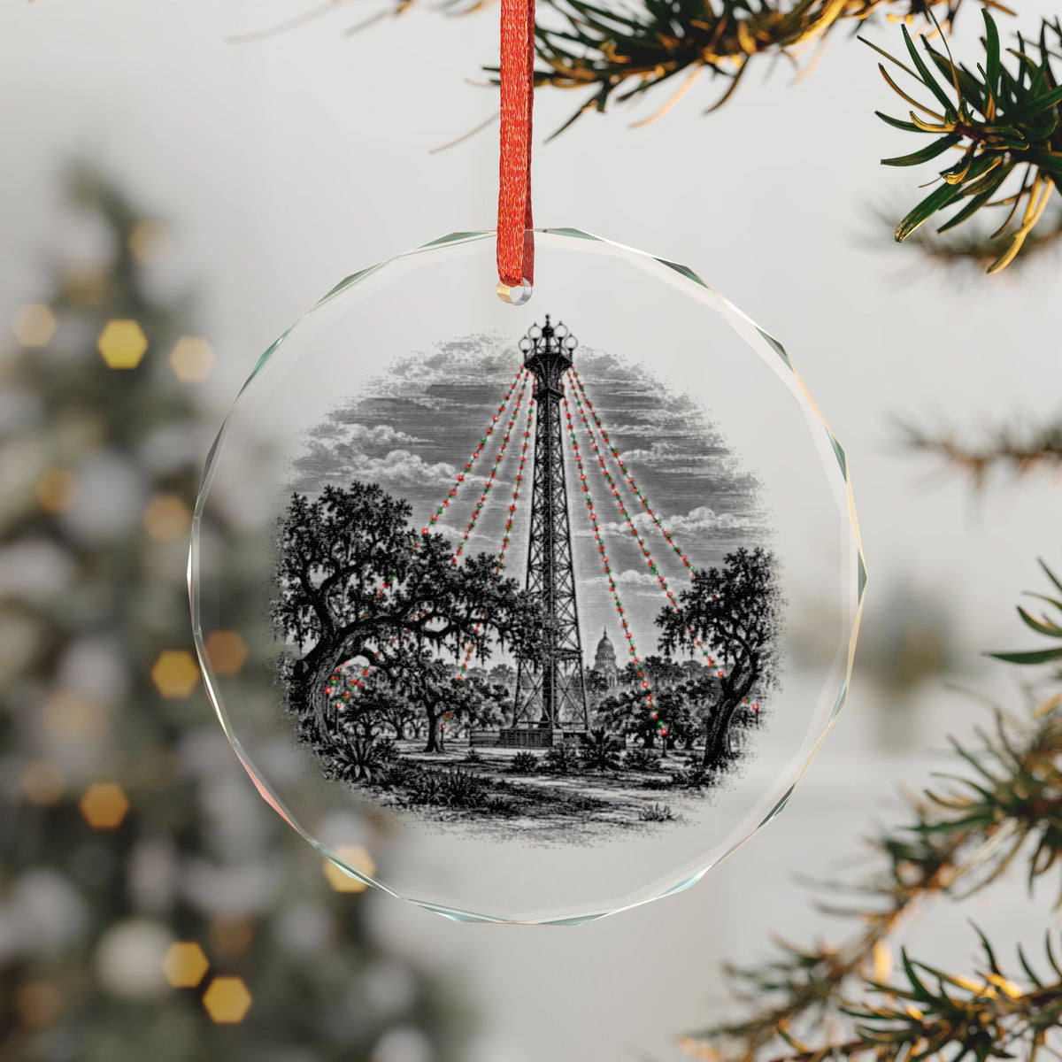 Austin Texas Holiday Ornament, Moonlight Tower, Crystal Glass Ornament Hanging on a Christmas Tree