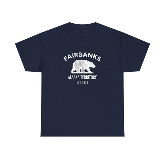Fairbanks Alaska Vintage Style Unisex Heavy Cotton Tee - White Retro Bear Logo, Navy