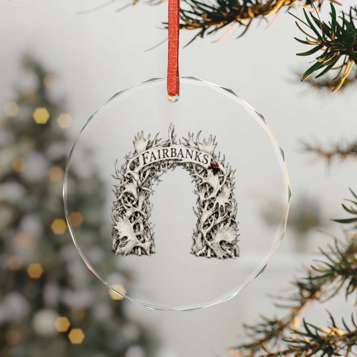 Fairbanks, Alaska Holiday Ornament — An Arch Woven From a Hundred Racks — 3-inch faceted crystal glass ornament in gold gift box