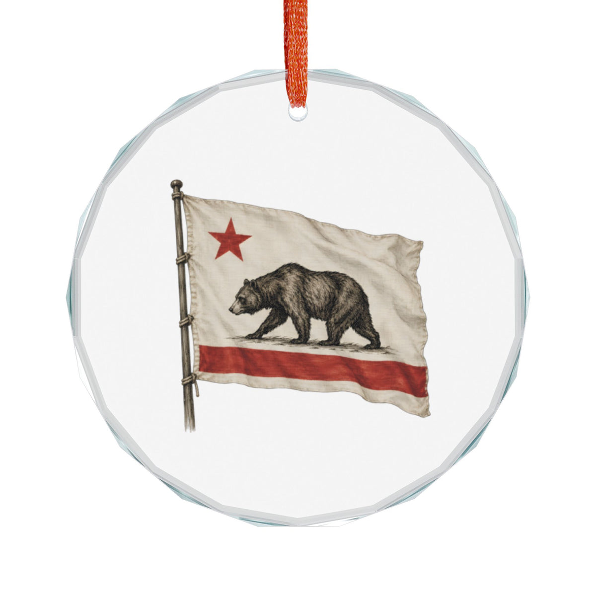 Sonoma, California Holiday Ornament — The Homemade Flag of a 25-Day Republic — front view: the original 1846 flag drawn as cloth on a rope-lashed staff, rippling: a red star at upper left, a rough walking grizzly rendered in fine engraving, and a broad red bar along the bottom edge