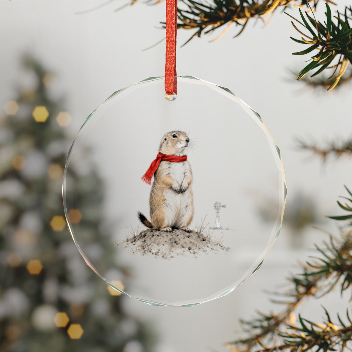 Lubbock, Texas Holiday Ornament — Four Prairie Dogs and a Fence, 1935 — 3-inch faceted crystal glass ornament in gold gift box