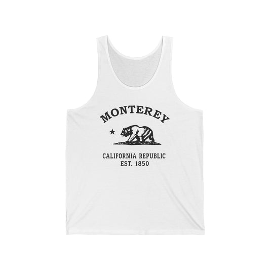 Monterey California Vintage Retro Unisex Cotton Jersey Tank Top, White, Black Logo