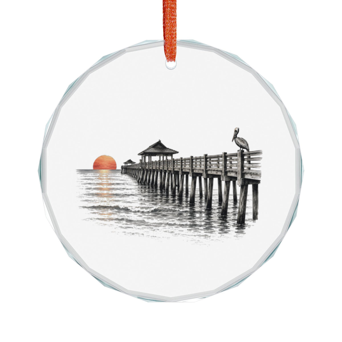 Naples, Florida Holiday Ornament — Rebuilt Every Time, for the Sunset — front view: the long wooden pier receding in perspective on slender pilings, covered pavilions along its length, a brown pelican perched on the near rail and a small green wreath on the first pavilion