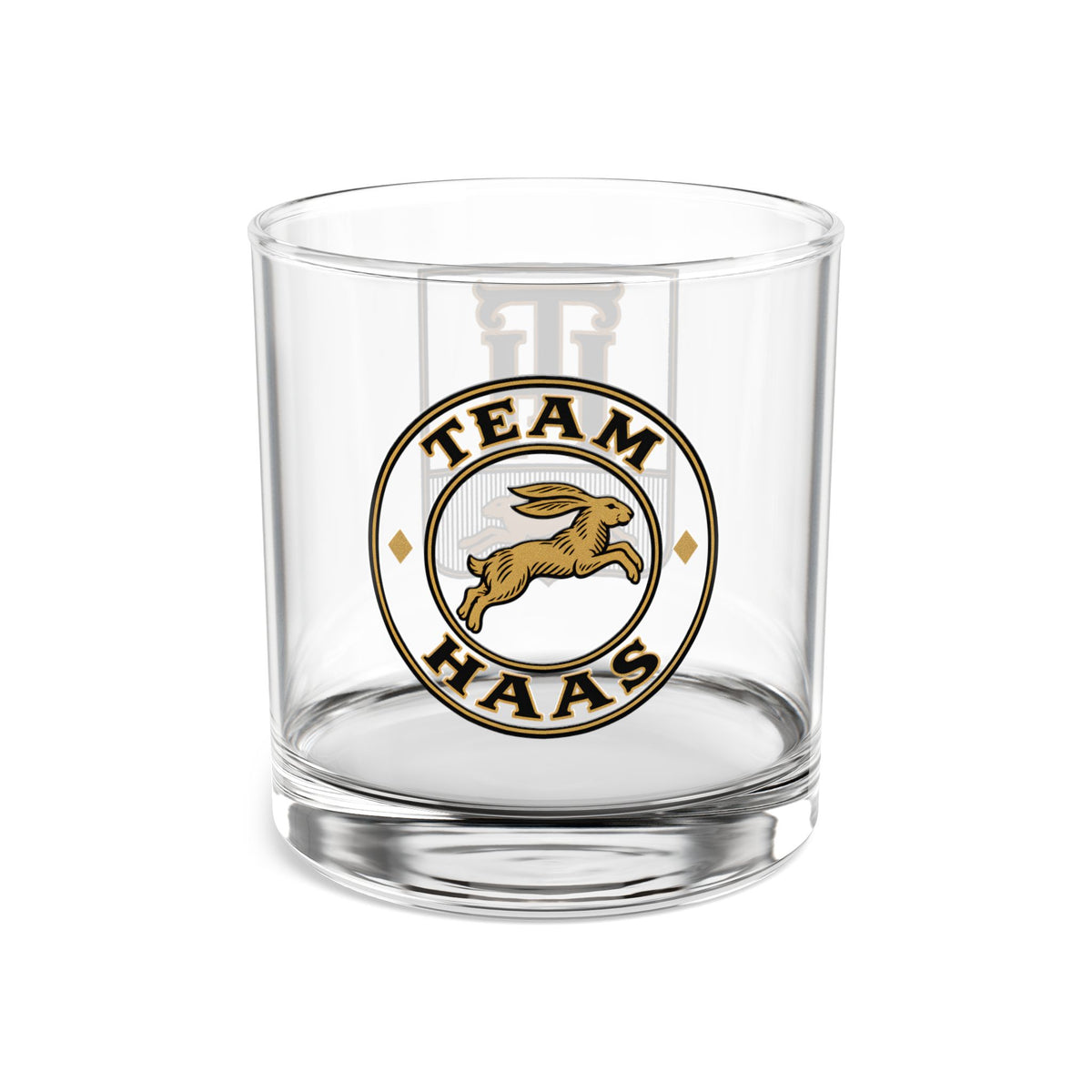 Team Haas Rocks Glass | TH Family Crest Cocktail Glass | Black and Gold Hare Heraldry | Haas Family Barware Gift