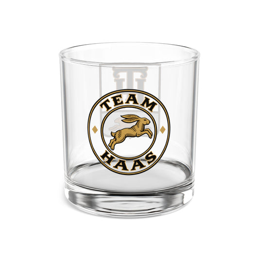 Team Haas Rocks Glass | TH Family Crest Cocktail Glass | Black and Gold Hare Heraldry | Haas Family Barware Gift