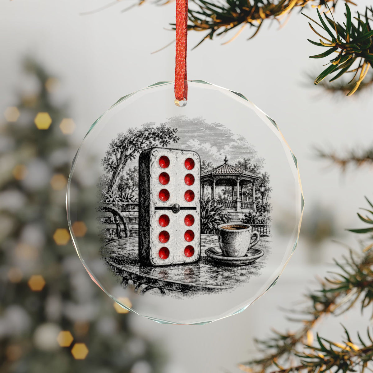 Miami Florida Holiday Ornament, Double-Six Domino, Crystal Glass Ornament Hanging on a Christmas Tree