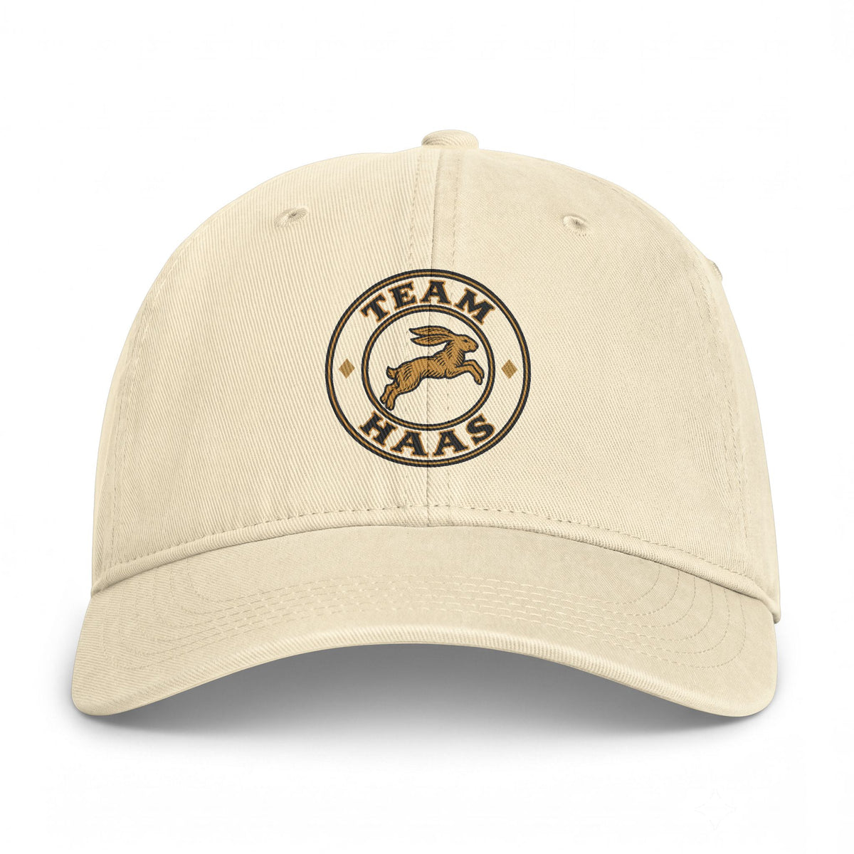 Ivory Team Haas Hat, Leaping Hare Badge Printed on Washed Cotton Dad Cap