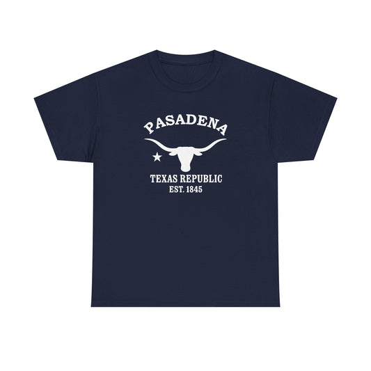 Pasadena Texas Vintage Style Unisex Heavy Cotton Tee - White Retro Longhorn Logo, Navy