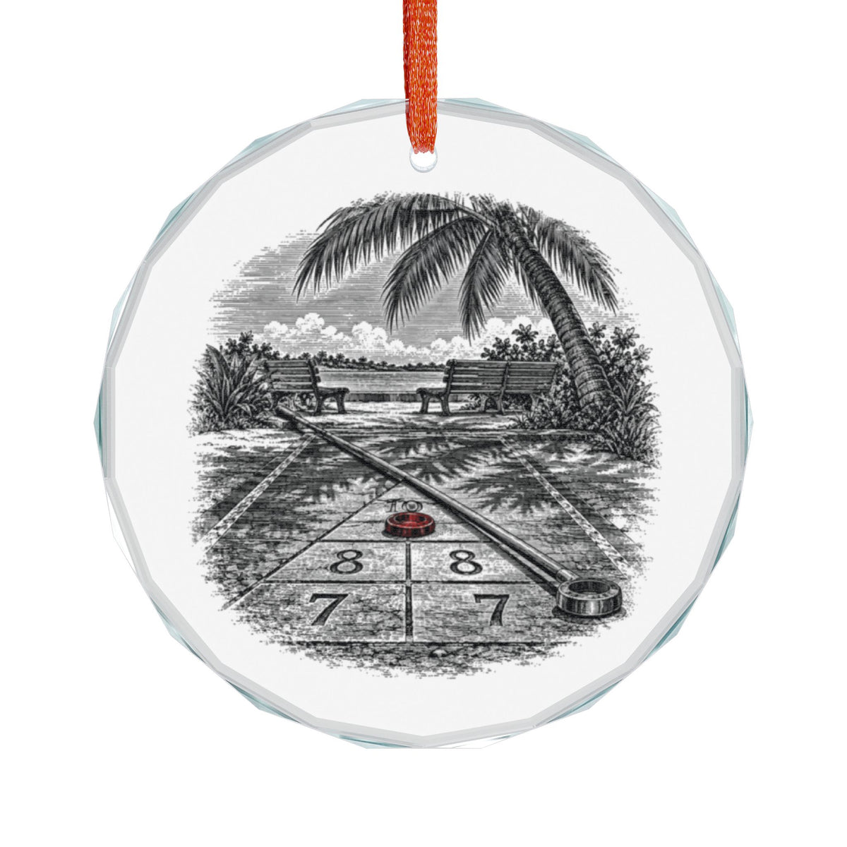 St. Petersburg Florida Holiday Ornament, Shuffleboard, Crystal Glass Ornament Hanging on White