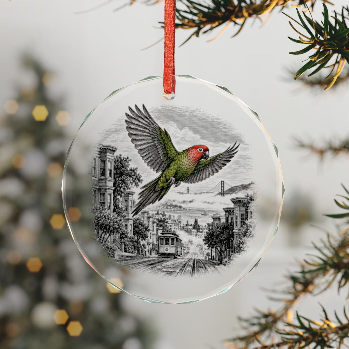 San Francisco California Holiday Ornament, Wild Parrot, Crystal Glass Ornament Hanging on a Christmas Tree