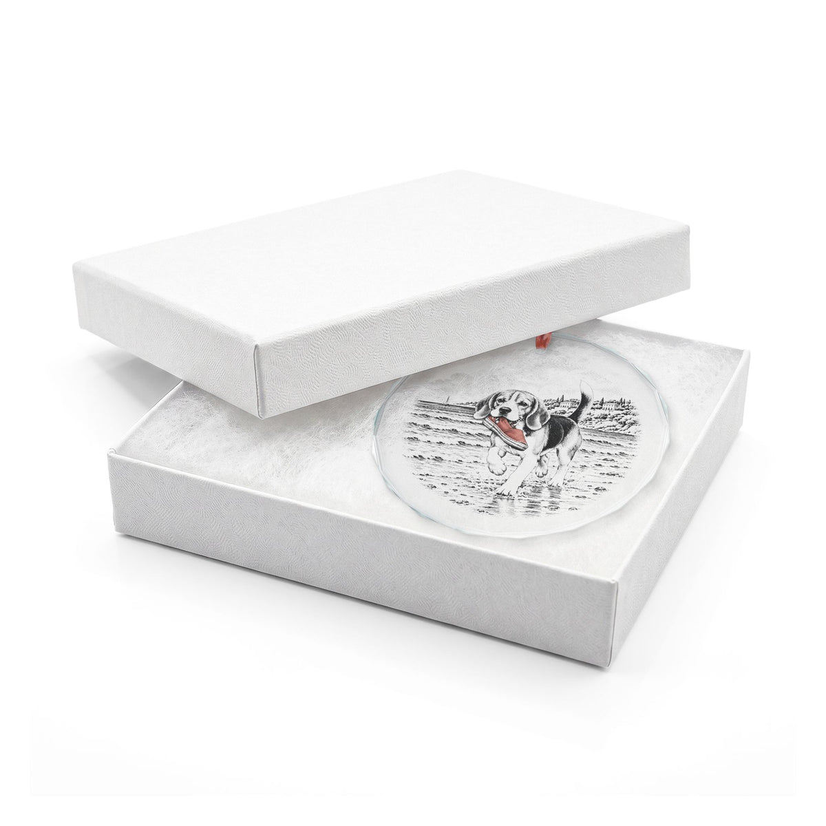 Beagle Crystal Christmas Ornament in an Open White Gift Box