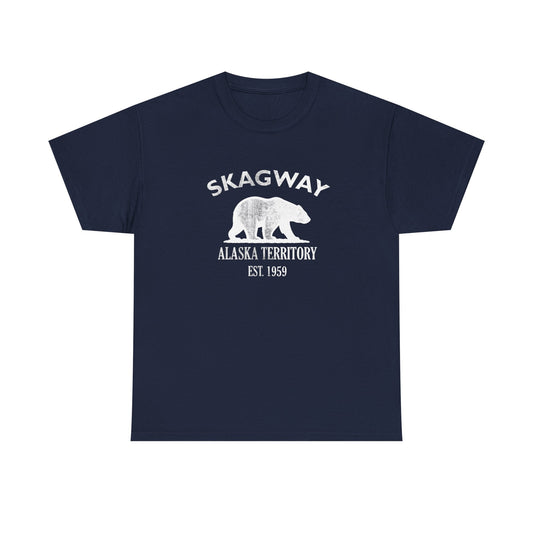Skagway Alaska Vintage Style Unisex Heavy Cotton Tee - White Retro Bear Logo, Navy