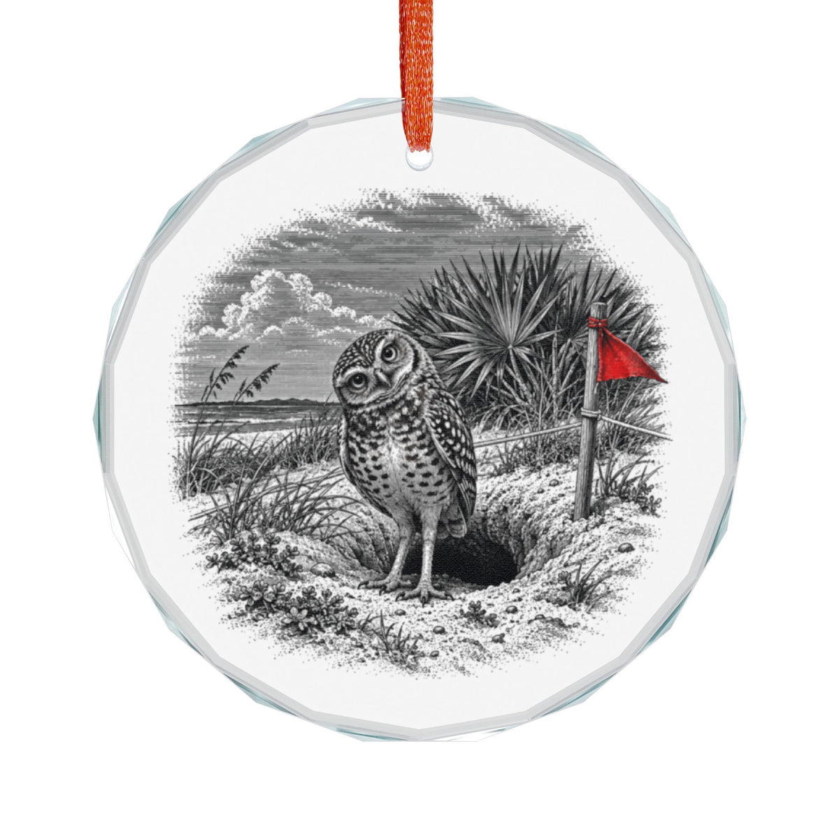 Marco Island Florida Holiday Ornament, Burrowing Owl, Crystal Glass Ornament Hanging on White