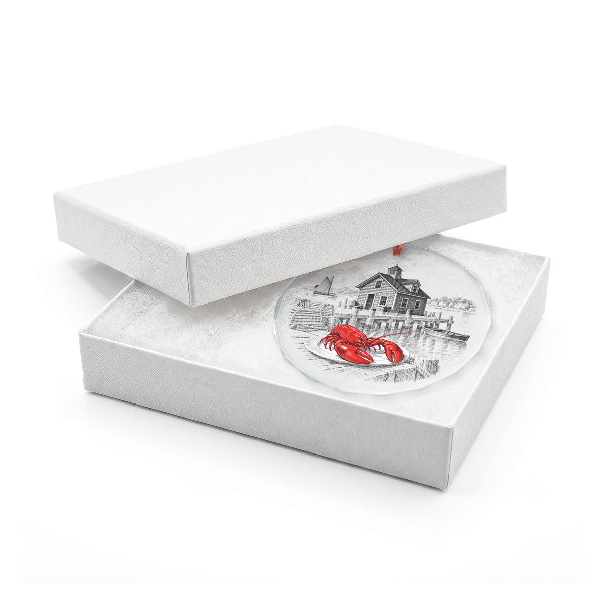 Lobster Heritage Crystal Holiday Ornament in White Gift Box, Fishing Wharf with Lobster Shack and Red Lobster on a Plate