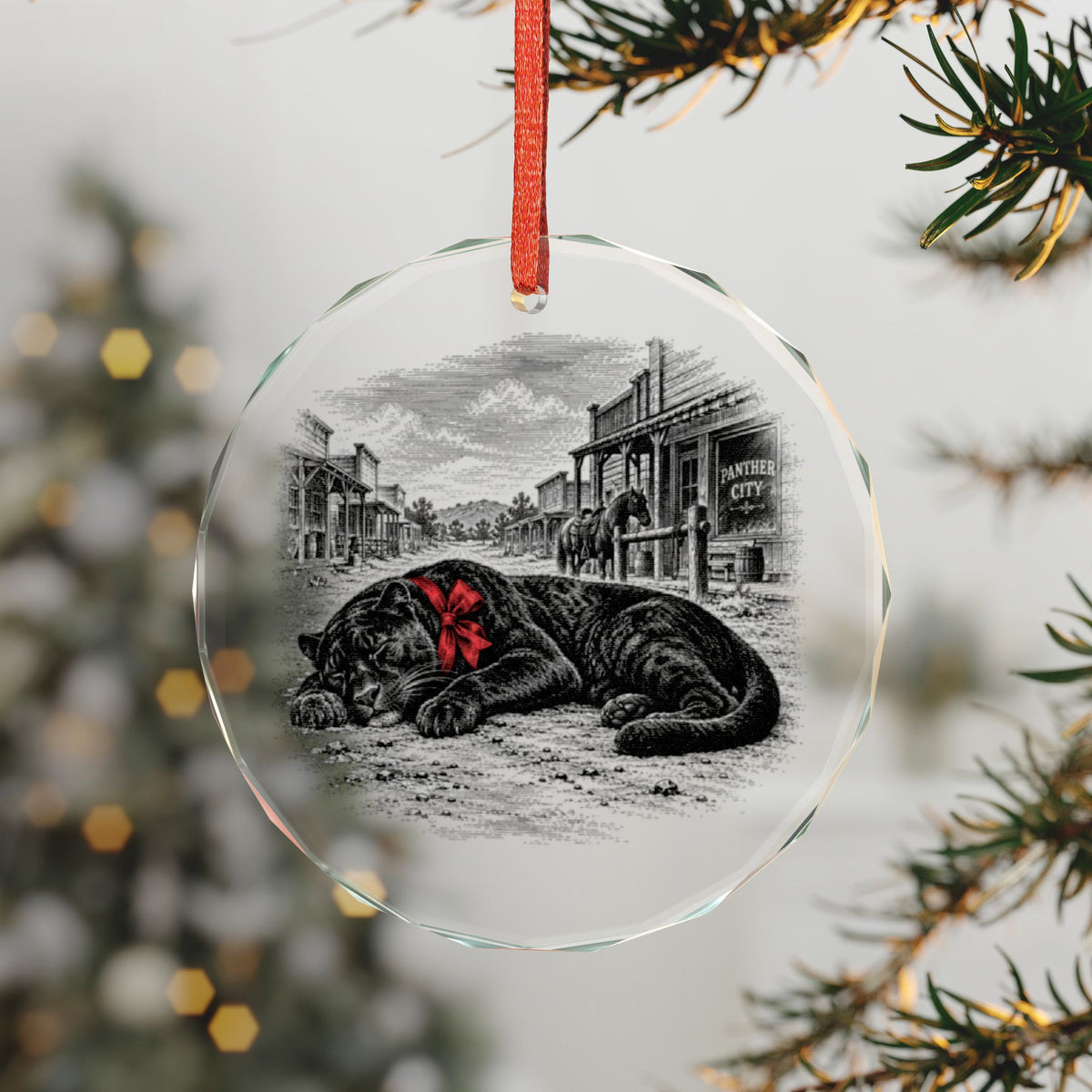 Fort Worth Texas Holiday Ornament, Sleeping Panther, Crystal Glass Ornament Hanging on a Christmas Tree