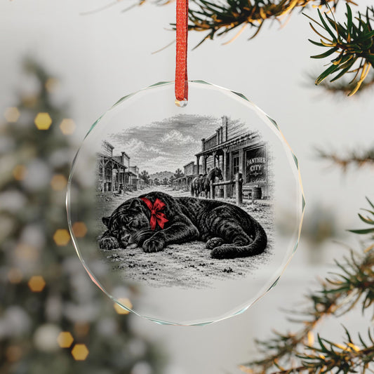 Fort Worth Texas Holiday Ornament, Sleeping Panther, Crystal Glass Ornament Hanging on a Christmas Tree