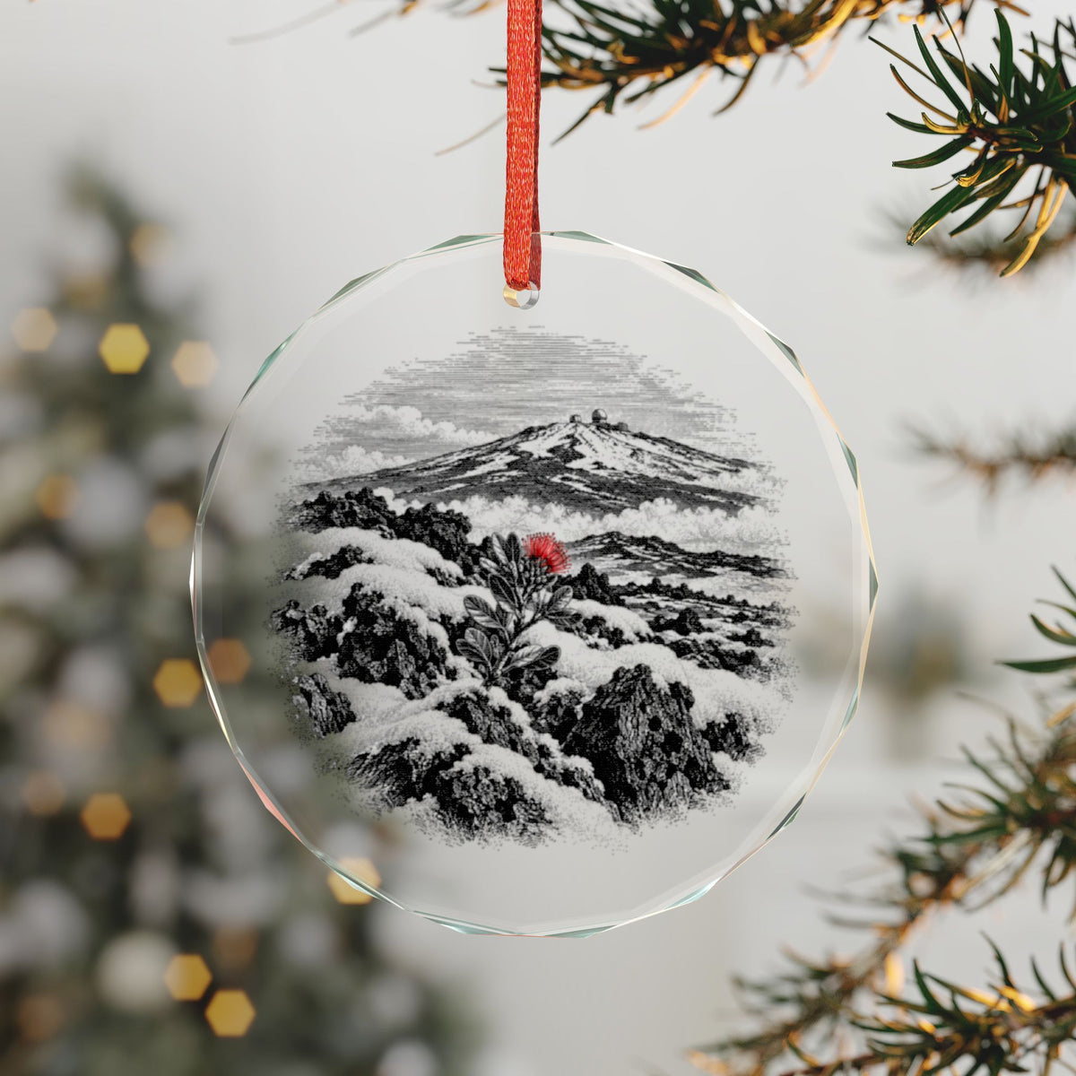 Big Island Hawaii Holiday Ornament, Snow on Black Lava, Crystal Glass Ornament Hanging on a Christmas Tree