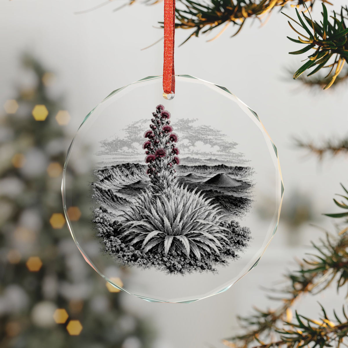 Haleakala Hawaii Holiday Ornament, Silversword, Crystal Glass Ornament Hanging on a Christmas Tree