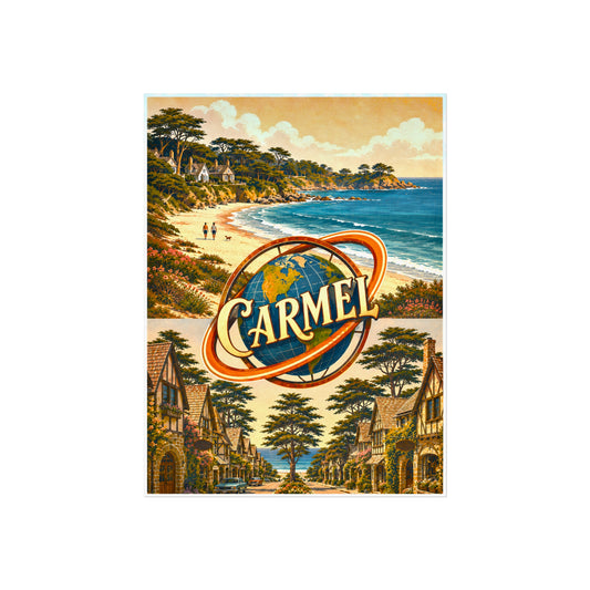 Carmel-by-the-Sea vintage travel poster — CARMEL globe ring over Carmel Beach cove and a storybook cottage lane