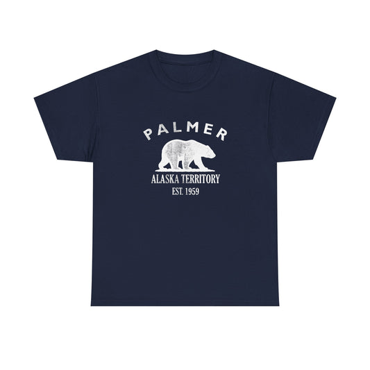 Palmer Alaska Vintage Style Unisex Heavy Cotton Tee - White Retro Bear Logo, Navy