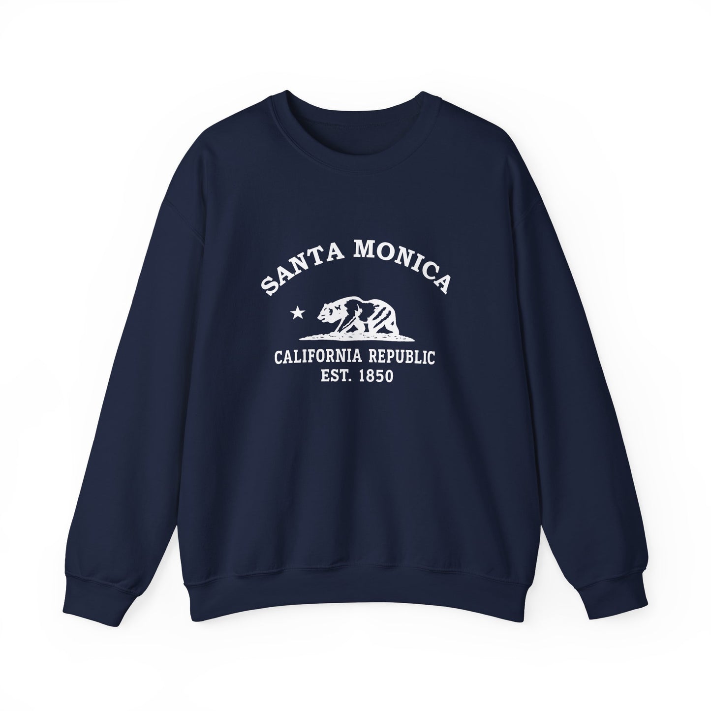 Santa Monica California Vintage Style Unisex Heavy Crewneck Sweatshirt - White Retro Bear Logo, Navy