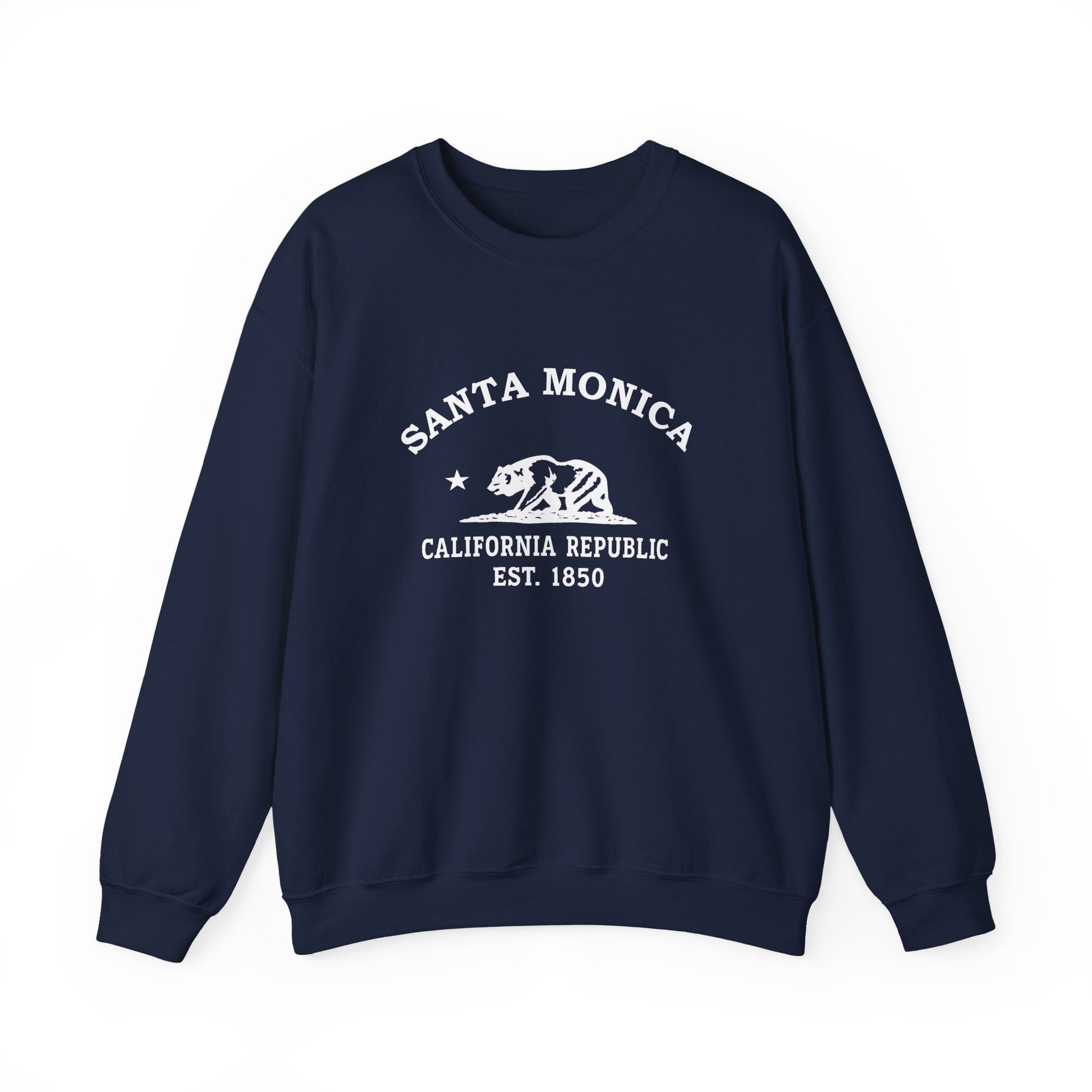 Santa Monica California Vintage Style Unisex Heavy Crewneck Sweatshirt - White Retro Bear Logo, Navy