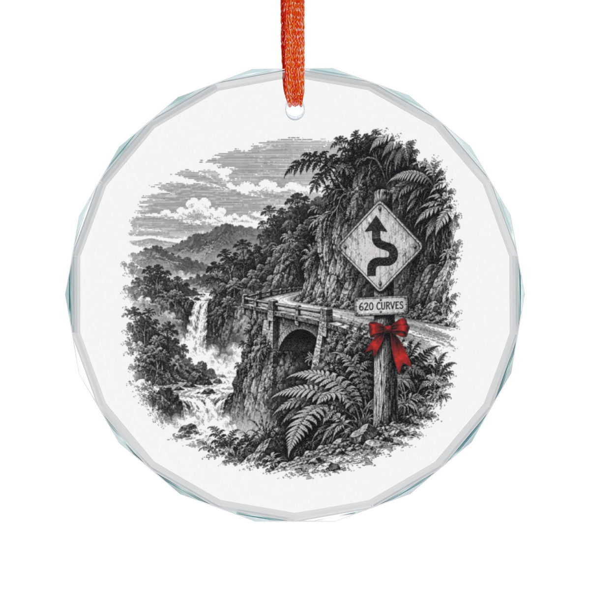 Hana Hawaii Holiday Ornament, Hairpin Turn Sign, Crystal Glass Ornament Hanging on White