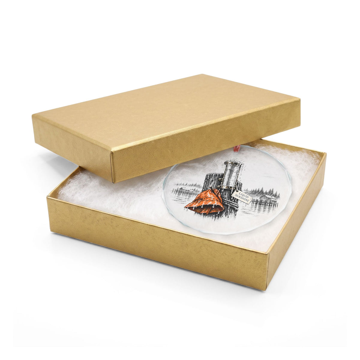 Ketchikan Alaska Holiday Ornament, Liquid Sunshine Rain Gauge, Crystal Glass Ornament in Gold Gift Box