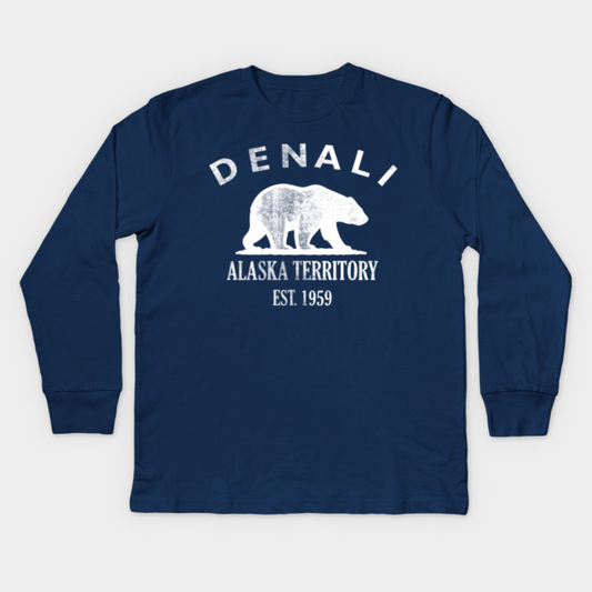 Denali Alaska Vintage Retro Kids Long-Sleeve T-Shirt - White Logo - Various Colors