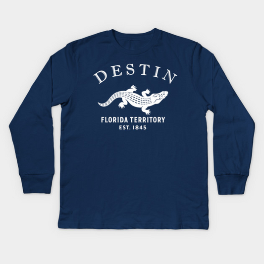 Destin Florida Vintage Retro Kids Long-Sleeve T-Shirt - White Logo - Various Colors