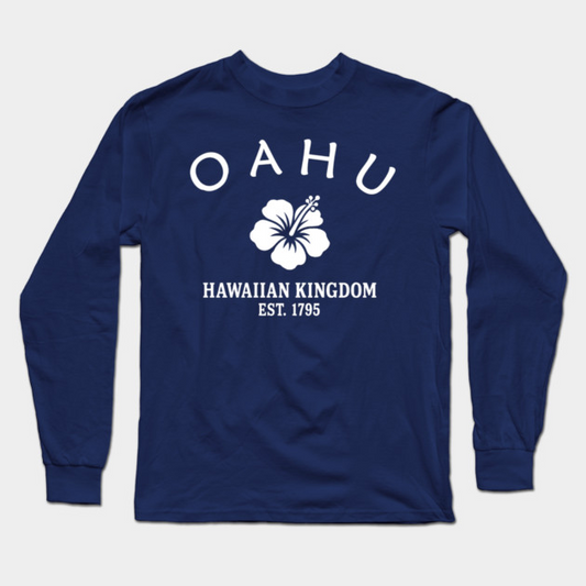 Oahu Hawaii Vintage Retro Adult Long-Sleeve T-Shirt - White Logo - Various Colors